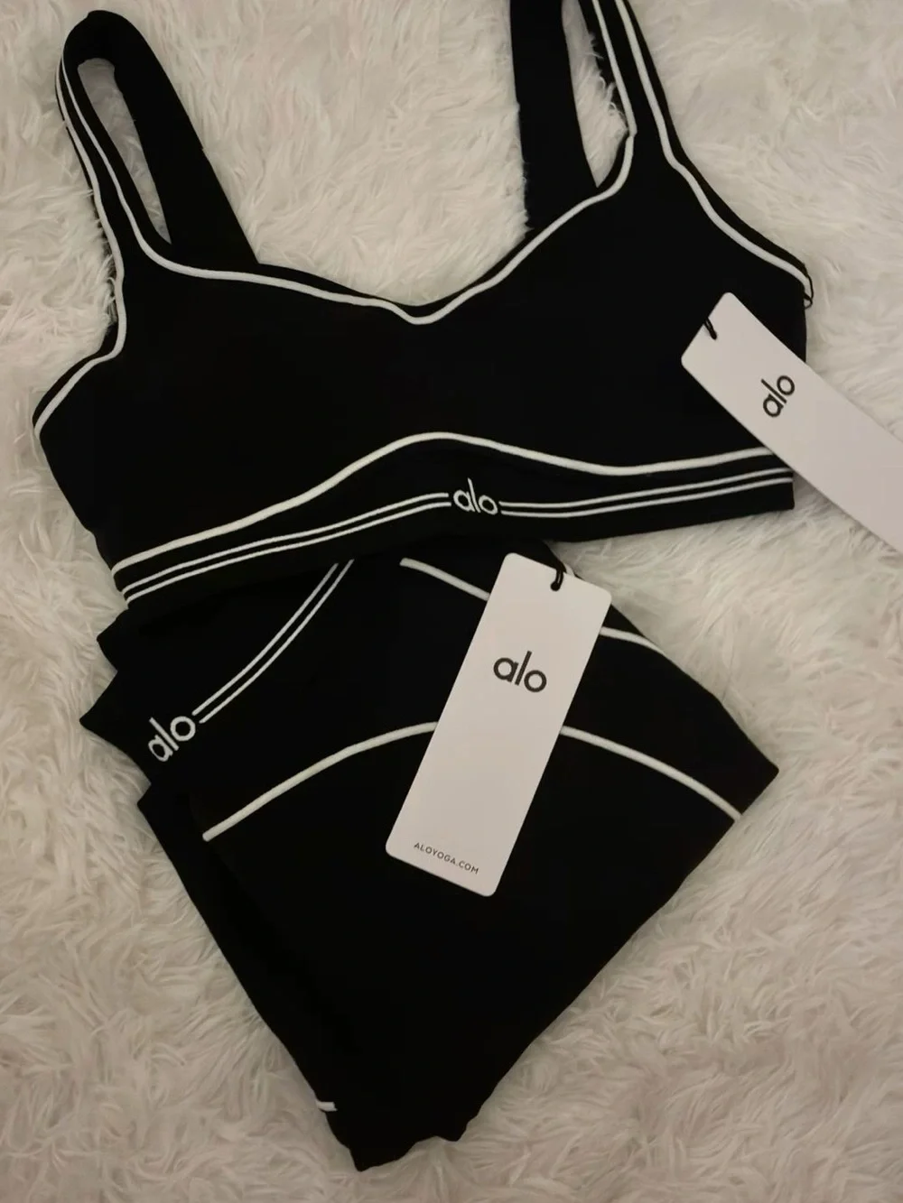 ALO Yoga Black Sports Bra & Shorts Set with White Seam Trim